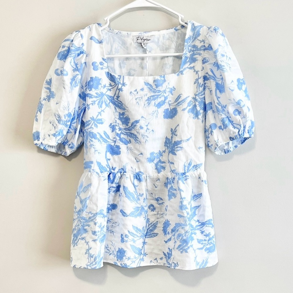 NWT Polygram Square Neck Puff Sleeve Peplum Floral Top